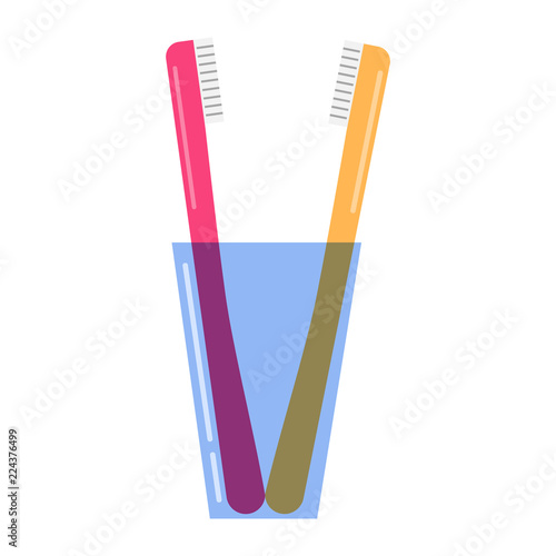 Toothbrushes for hygiene of a mouth and toothbrushing in a plastic glass. An icon for dental clinics and posters. In flat style a vector. The tool for a healthy lifestyle.