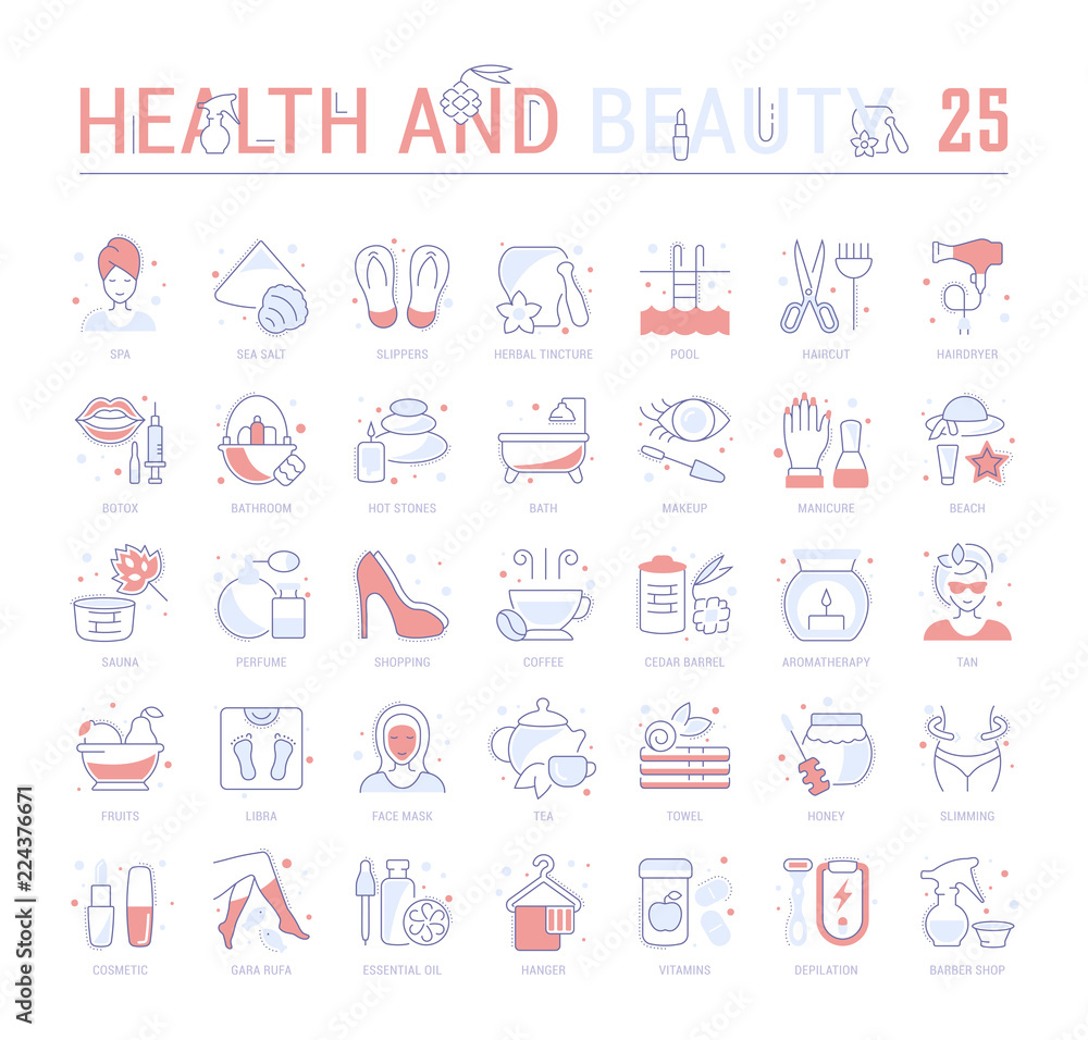 Set Blue Line Icons of Health and Beauty.