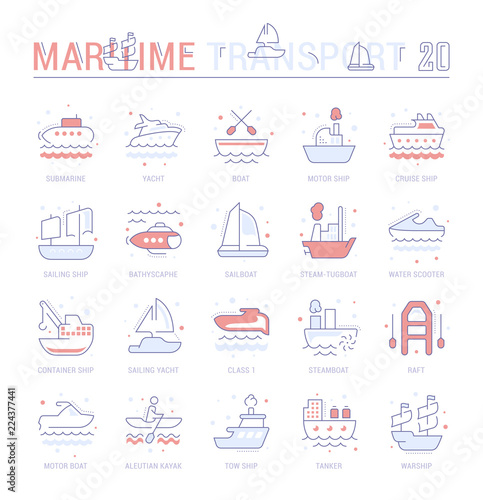 Set Blue Line Icons of Maritime Transport.
