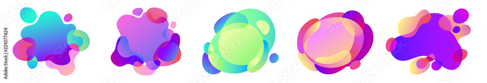 Vector Abstract Set of Liquid effect free shapes in gradient iridescent colors with plastic lines and forms.