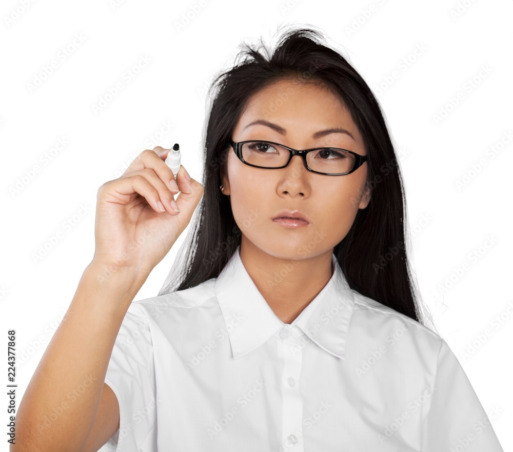 Asian Woman Writing with Dry Erase Marker - Isolated Asian Woman Writing with Dry Erase Marker - Isolated