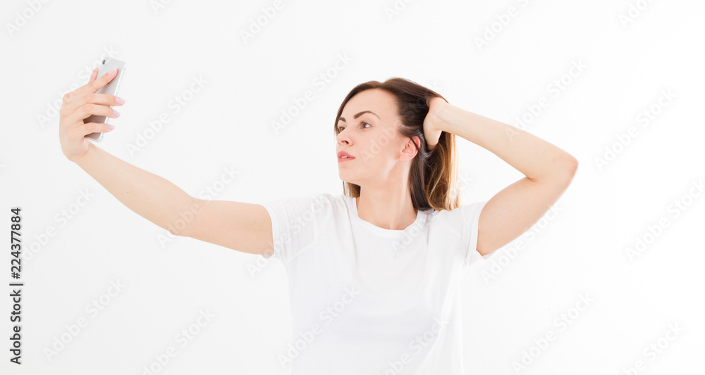 sexy, pretty woman taking a selfie isolated on white background,copy space,mock up sexy, pretty woman taking a selfie isolated on white background,copy space,mock up