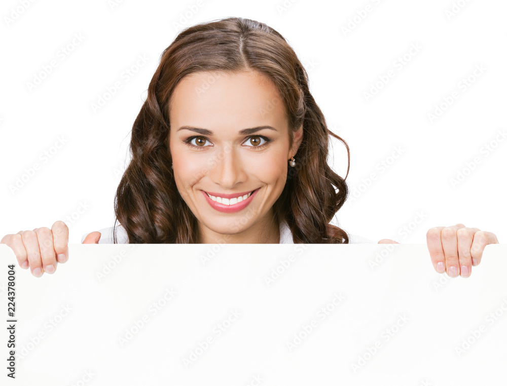 Businesswoman showing blank signboard, on white Businesswoman showing blank signboard, on white