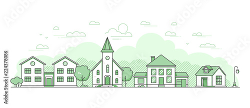 Suburban landscape - modern thin line design style vector illustration