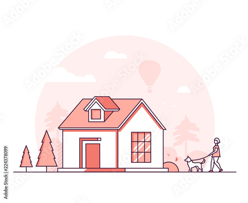 Town life - modern thin line design style vector illustration