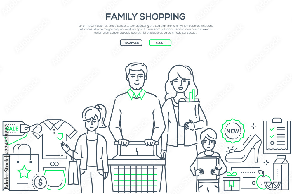 Family shopping - modern line design style banner Family shopping - modern line design style banner