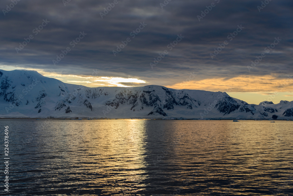 Landscape in Antarctica at sunset
