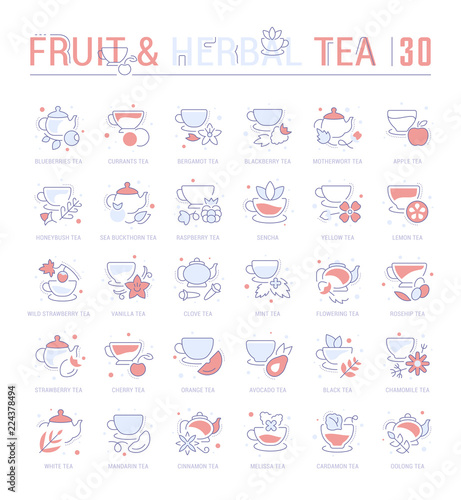 Set Blue Line Icons of Fruit and Herbal Tea.
