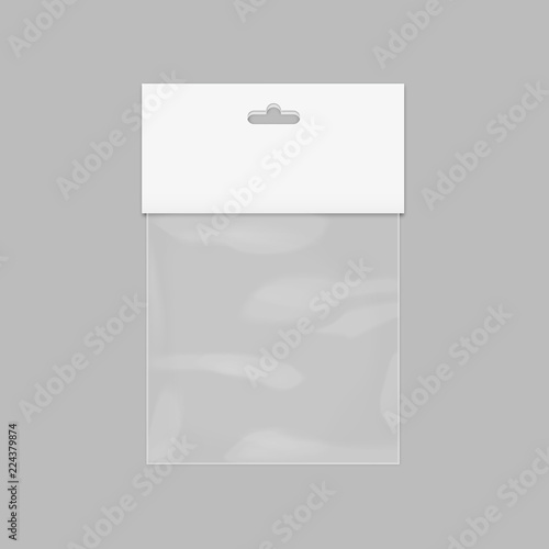 White Blank Plastic Pocket Bag. Transparent. With Hang Slot. Illustration Isolated On White Background. Mock Up Template Ready For Your Design. Vector EPS10