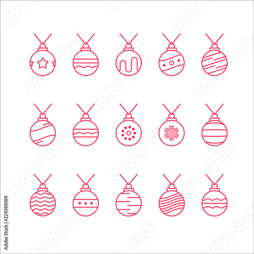 Set of decorative red Christmas balls, vector flat design for holidays Happy New Year and Merry Christmas