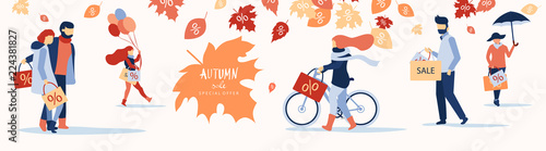 Autumn sale. Promotion banner with people doing shopping and leaves.