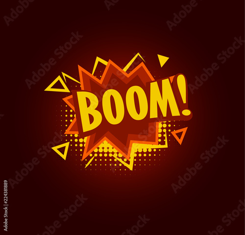 Boom speach balloon, explosive sale baner, abstract isolated vector illustration on black background.