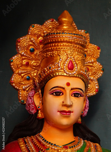 Closeup portrait of Indian Hindu Goddess idol in a temple