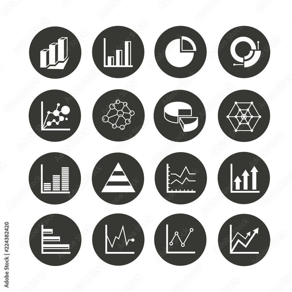 graph and chart icon set in circle buttons