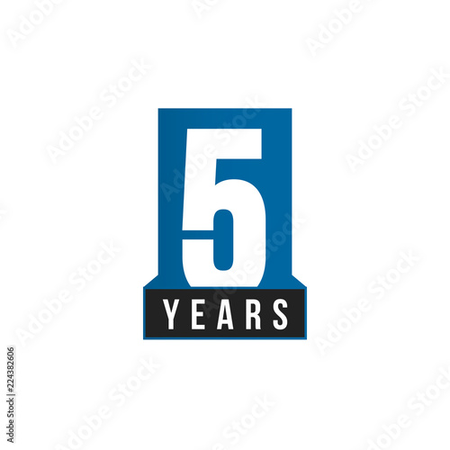 5 years Anniversary vector icon. Birthday logo template. Greeting card design element. Simple business anniversary emblem. Blue strict style number. Isolated vector illustration on white background.