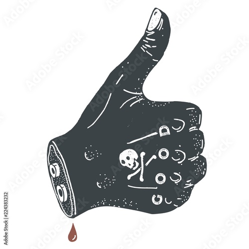 Thumb up! Black ink illustration in retro tatoo style. Vector grunge illustration