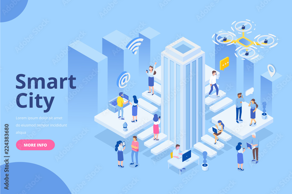 Modern flat design isometric concept of Smart City. Business center with skyscraper. Different people with gadgets. Flat Vector illustration for banner and website.