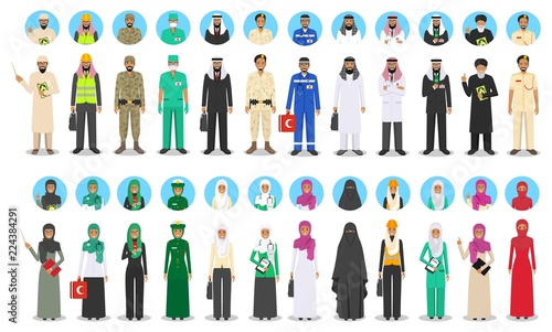Different muslim Middle East people occupation characters set in flat style. Professions of men and women. Set of avatars icons. Templates for infographic, sites, banners, social networks. Vector.