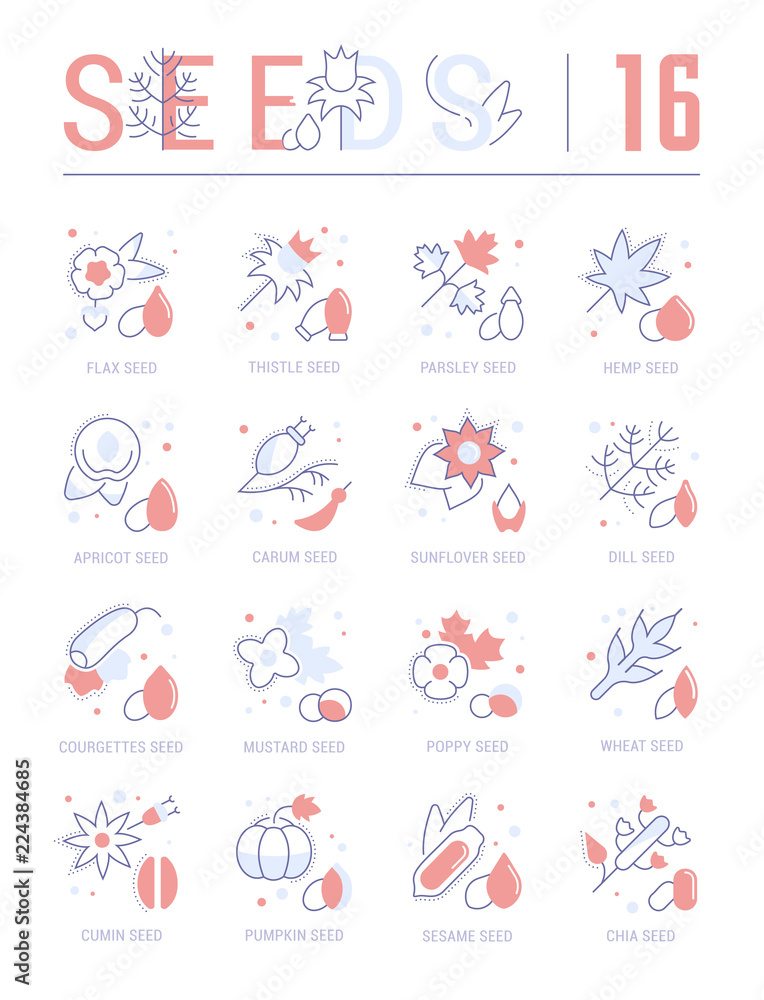 Set Blue Line Icons of Seeds Set Blue Line Icons of Seeds