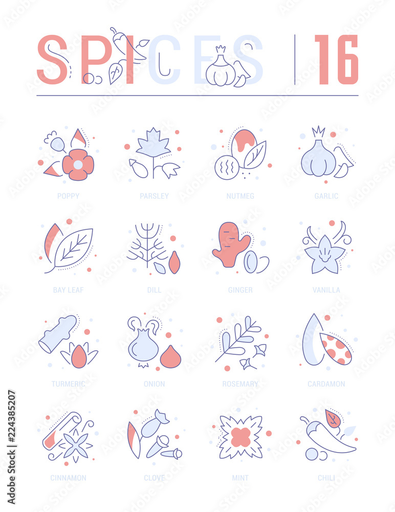 Set Blue Line Icons of Spices. Set Blue Line Icons of Spices.