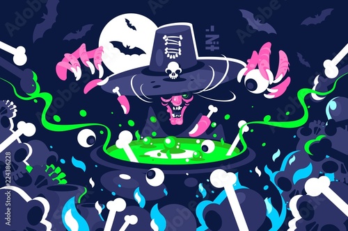 Halloween witch preparing magic potion in cauldron