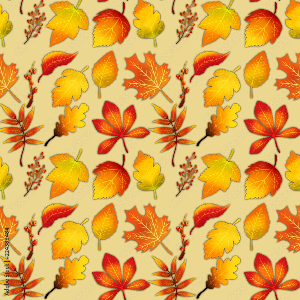 Fototapeta premium Colorful golden autumn leaves pattern on warm colored background.