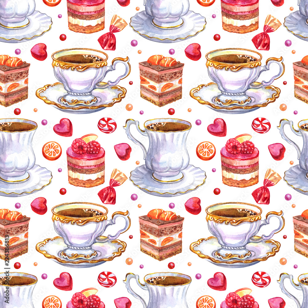 Seamless watercolor pattern of the ancient cups, cakes and sweets on a white background. Seamless watercolor pattern of the ancient cups, cakes and sweets on a white background.