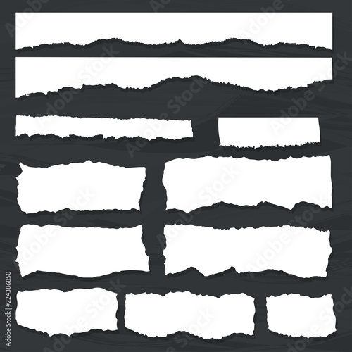 Scrap paper on a background of black chalkboard. Torn pieces of white sheet. Flat vector cartoon illustration. Objects isolated.