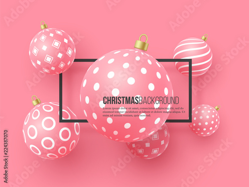 Christmas pink baubles with geometric pattern. 3d realistic style with black frame, abstract holiday background. Vector illustration.