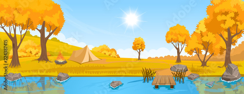 Autumn rural landscape with hills and river