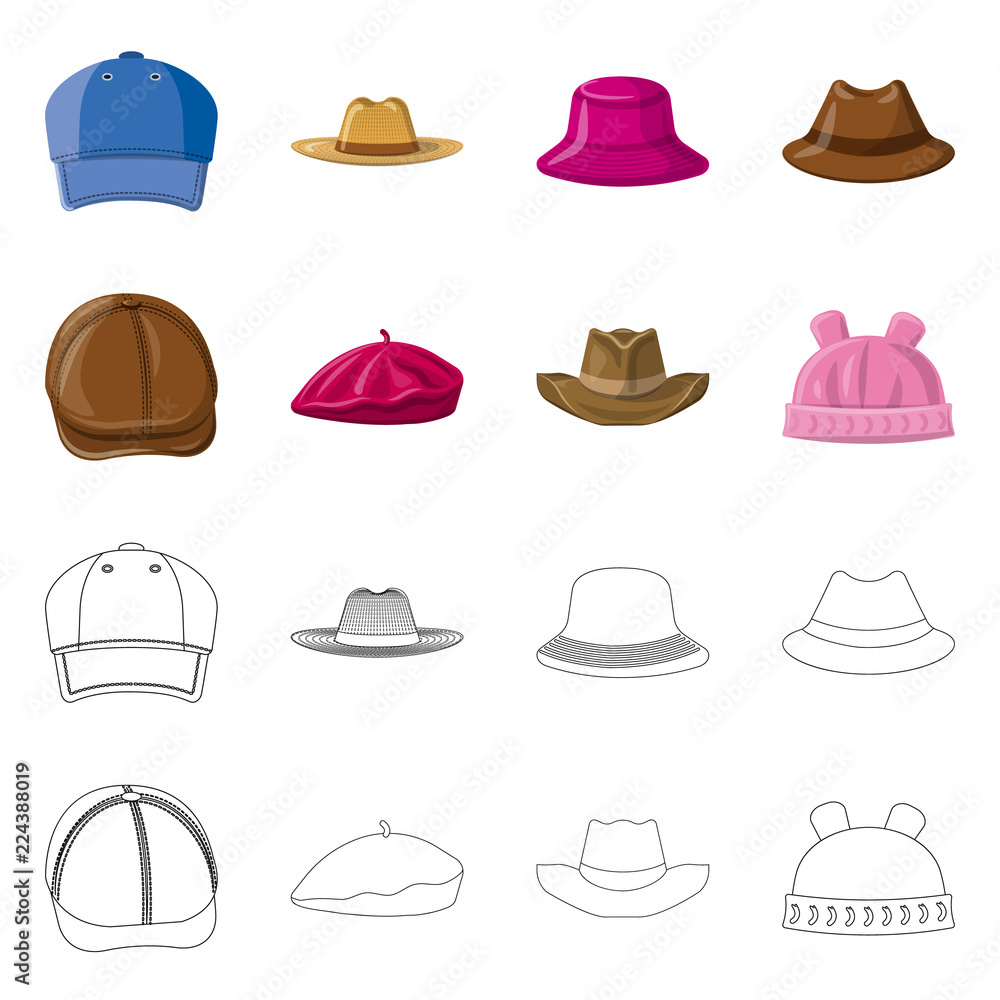 Vector illustration of headgear and cap symbol. Set of headgear and accessory stock vector illustration. Vector illustration of headgear and cap symbol. Set of headgear and accessory stock vector illustration.