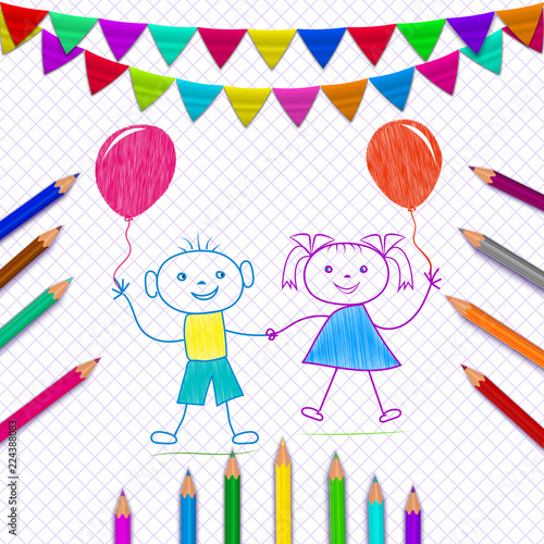 School supplies on copybook sheet background. Girl and boy. Pencils, flags on vector backdrop. Back to school concept.