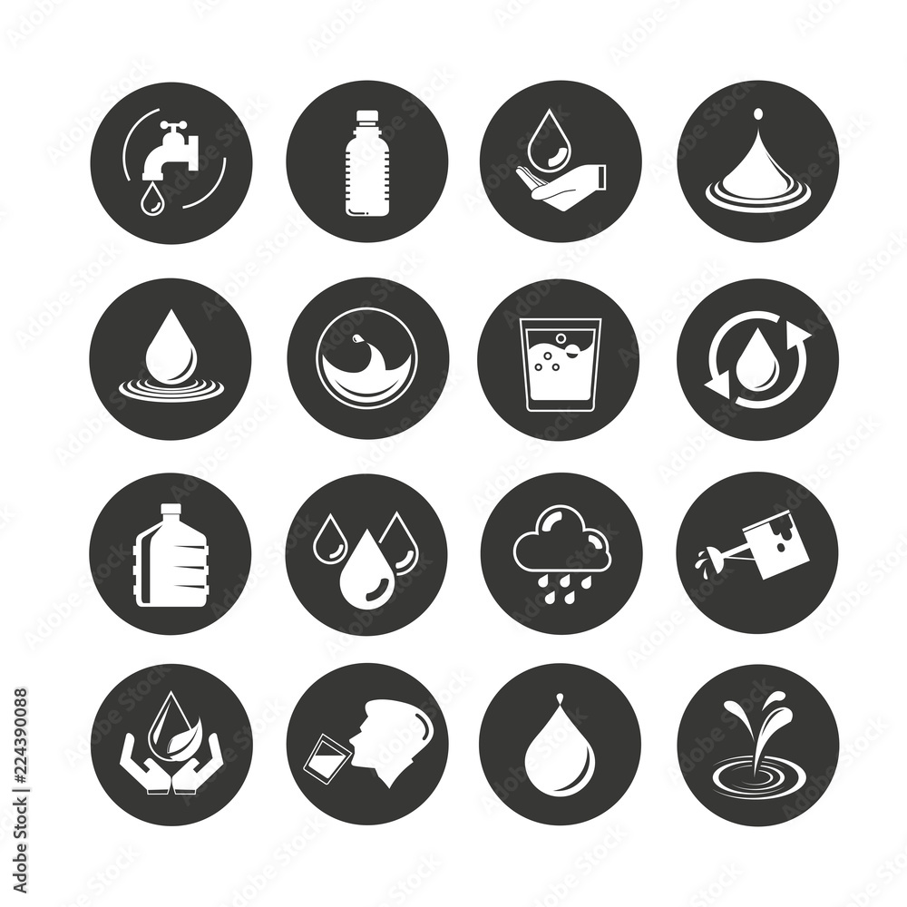 water icon set in circle buttons