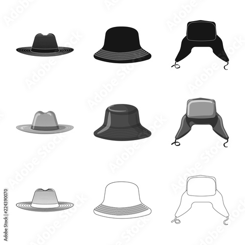 Vector illustration of headgear and cap logo. Collection of headgear and accessory stock vector illustration.