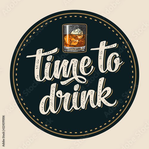 Coaster with bottle and glass with beer, whiskey, tequila, cognac, rum.