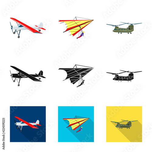 Vector illustration of plane and transport symbol. Set of plane and sky stock vector illustration.