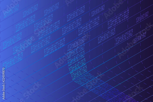Vector abstract big data visualization. Blue glowing data flow as binary numbers. Computer code representation. Cryptographic analysis, hacking. Bitcoin, blockchain transfer. Pattern of program code