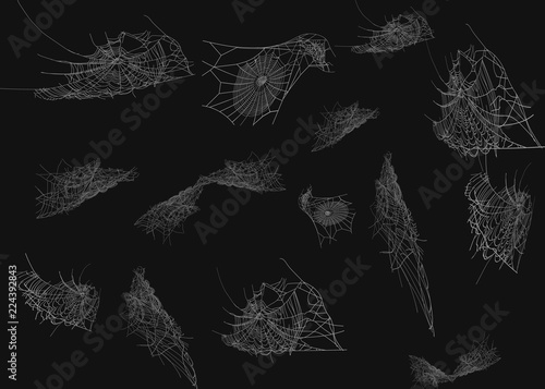 Collection of Cobweb, isolated on black, transparent background. Spiderweb for Halloween design. Spider web elements,spooky, scary, horror halloween decor.