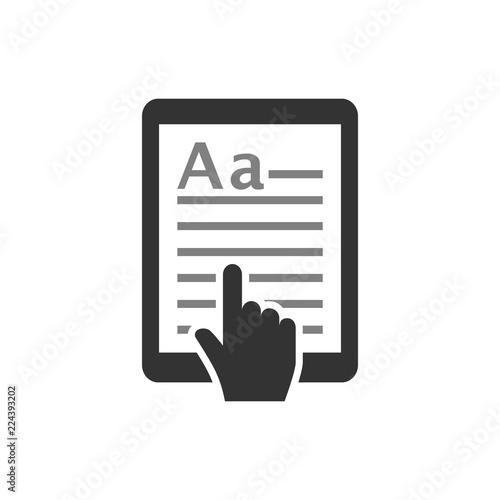 E-book touchpad tablet icon. Tablet with text and cursor hand. E book, e reading concept vector icon.