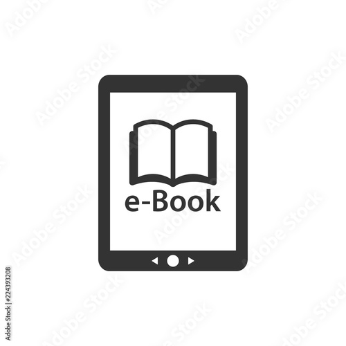 E reader device with open book and e-book text. Tablet touchpad e-reader vector icon.