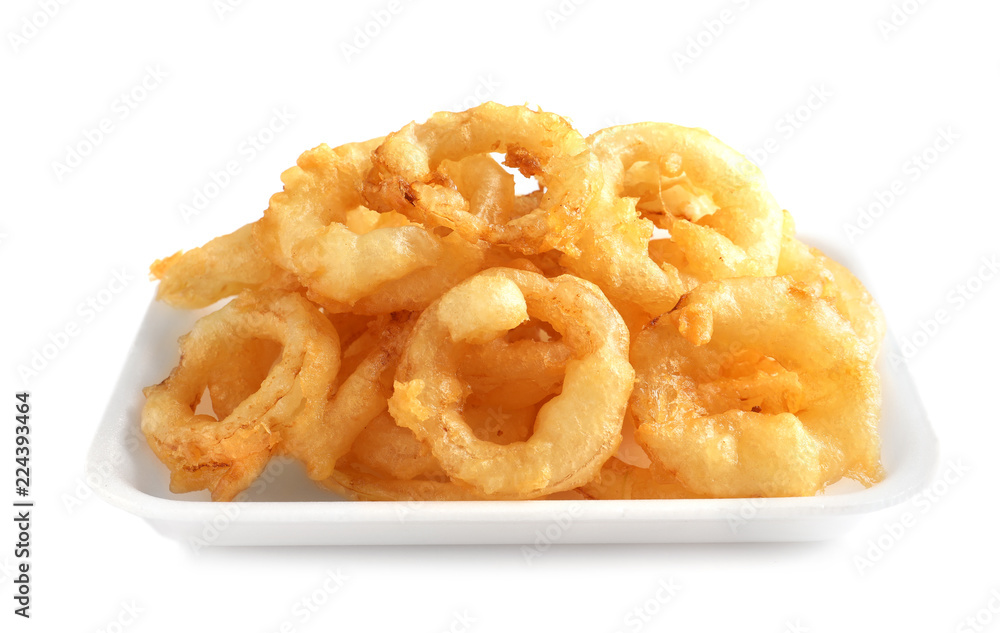 Plate with delicious golden breaded and deep fried crispy onion rings on white background Plate with delicious golden breaded and deep fried crispy onion rings on white background