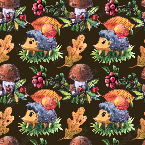 Beautiful hand drawn watercolor seamless pattern with hedgehog