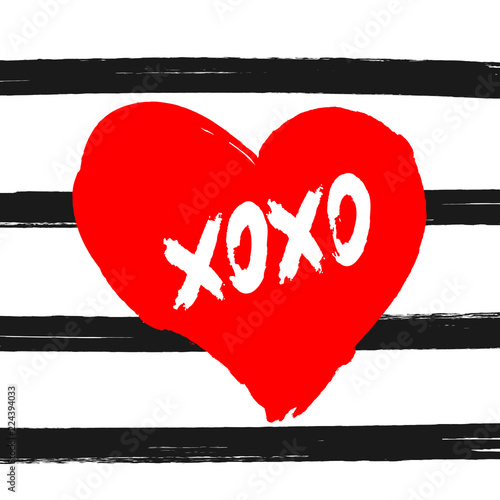 Heart with text Xoxo on striped background painted with watercolour brush. Sketch, watercolor, ink, graffiti.