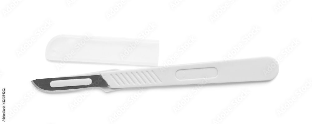 Surgical scalpel on white background, top view. Medical tool Surgical scalpel on white background, top view. Medical tool