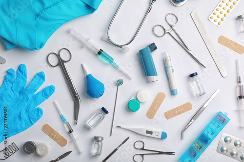 Many different medical objects on light background, flat lay photo