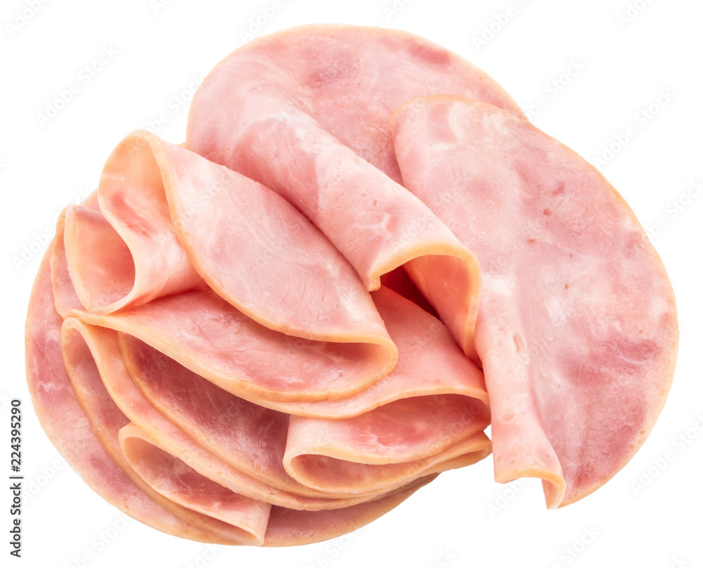 Sliced ham on white background. Pork ham sliced on white background Sliced ham on white background. Pork ham sliced on white background