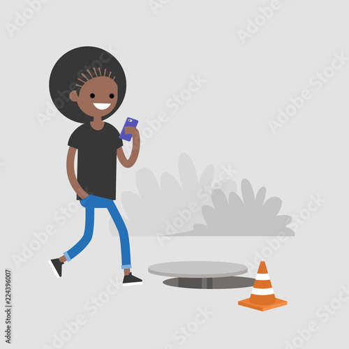 Millennial black female character addicted to smartphone. Nomophobia. Open canalization hatch. Flat editable vector illustration, clip art
