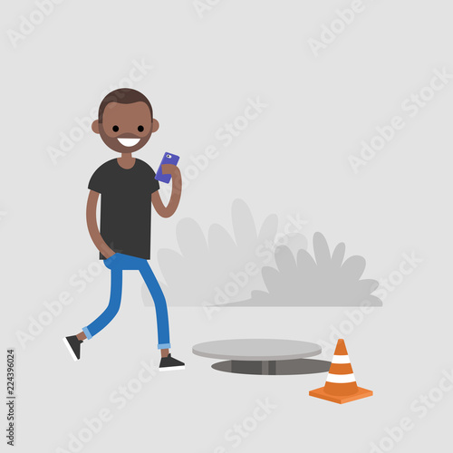 Millennial character addicted to smartphone. Nomophobia. Open canalization hatch. Flat editable vector illustration, clip art