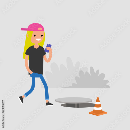 Millennial female character addicted to smartphone. Nomophobia. Open canalization hatch. Flat editable vector illustration, clip art