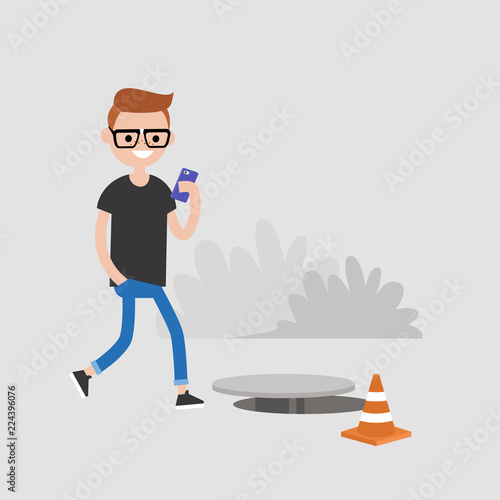 Millennial character addicted to smartphone. Nomophobia. Open canalization hatch. Flat editable vector illustration, clip art